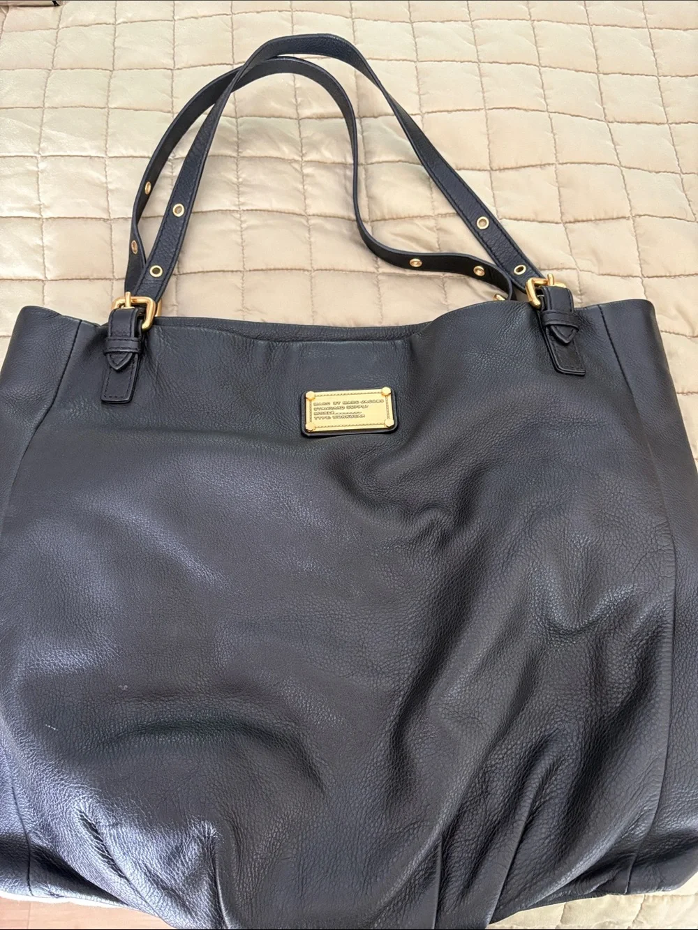 Marc by Marc Jacobs Black Leather Tote with Gold Plaque